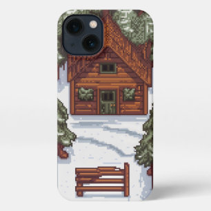Etui iPhone 13 maison en bois dans une forêt enneigée pixélisée