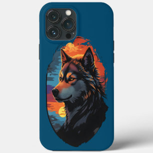 Etui iPhone 13 Pro Max Majestic Husky contre le coucher du soleil vue de