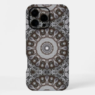 Coque iPhone 16 Pro Max Mandala à motif kaléidoscope marron et argent