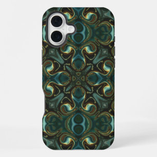 Coque iPhone 16 Plus Mandala abstrait symétrique émeraude et or