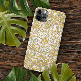 Coque iPhone 16 Pro Max Mandala artistique de classe dorée sur fond blanc