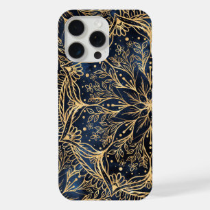 Coque iPhone 15 Pro Max Mandala de fleur de poinsettia or bleu