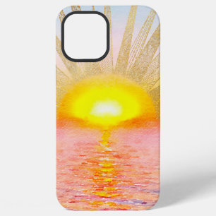 Coque iPhone 12 Pro Max Mandala du soleil couchant doré sur mer aquarelle