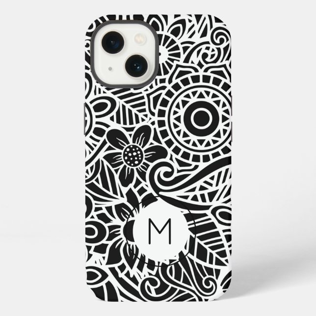 Coque iPhone Mandala Floral Monogramme INITIALE Noir Blanc (Verso)