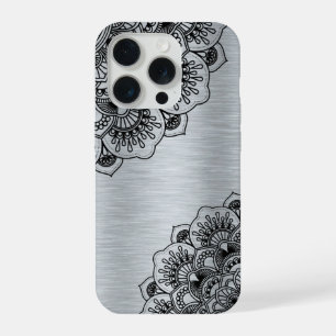Coque iPhone 15 Pro Mandala noir élégant avec dos métallique argenté