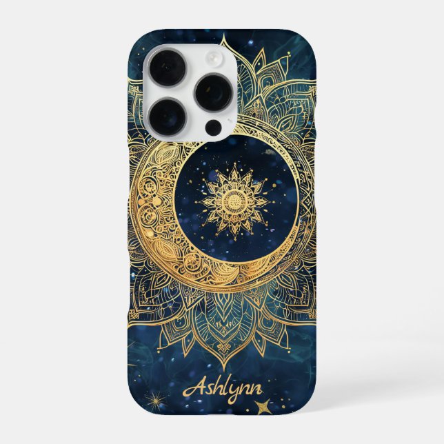 Coque iPhone Mandala personnalisé bleu céleste or soleil lune  (Verso)