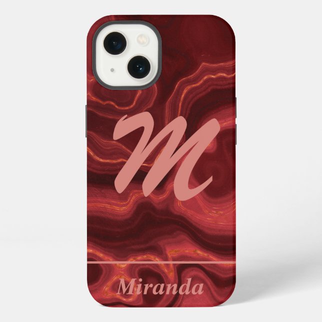 Coque iPhone Marbre Agate Rouge Monogramme et Nom rose clair (Verso)
