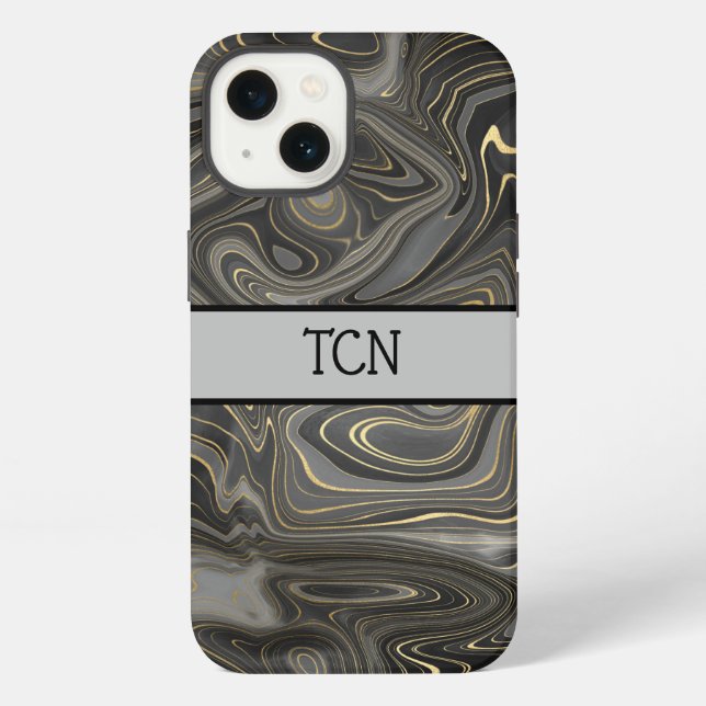 Coque iPhone Marbre Agate Strates Noir Gris Or Monogramme (Verso)