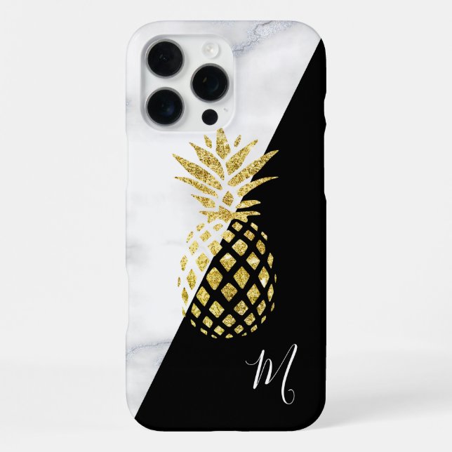 Coque iPhone Marbre Ananas Or Monogramme Noir (Verso)