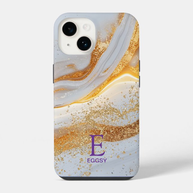 Coque iPhone Marbre blanc chic monogramme paillettes or (Verso)