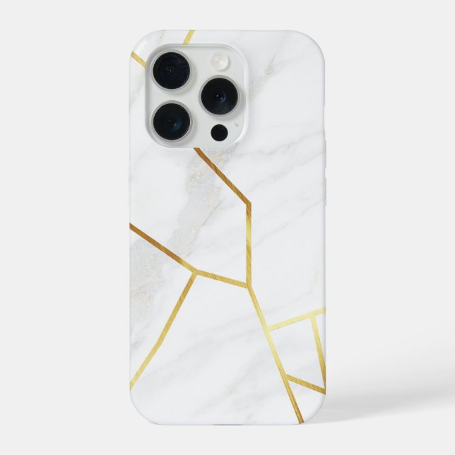 Coque iPhone Marbre Blanc Élégant & Kintsugi Géométrique Or (Verso)