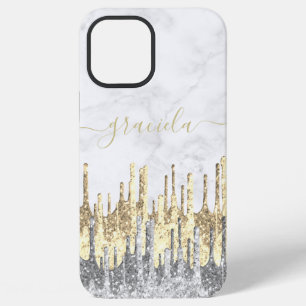 Coque iPhone 12 Pro Max Marbre blanc élégant scintillant avec gouttes de v