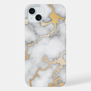Coque iPhone 15 Plus Marbre blanc et or minimaliste