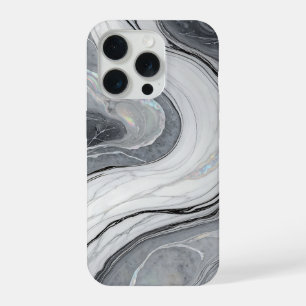 Coque iPhone 15 Pro Marbre Blanc Gris Tourbillon Holographique Luxe