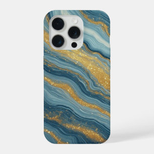 Coque iPhone 15 Pro Marbre Bleu Abstrait Avec Veines D'or