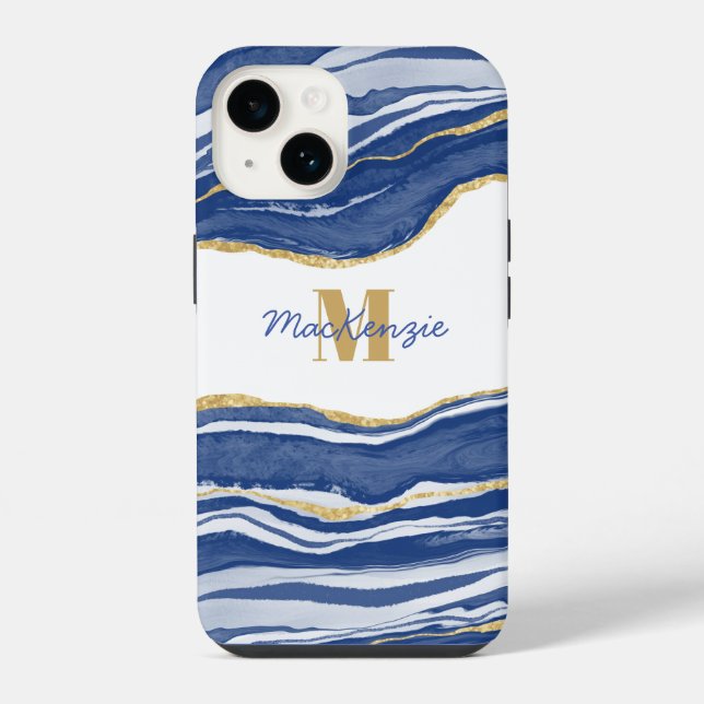 Coque iPhone Marbre Bleu Agate Or Paillettes Nom Monogramme (Verso)