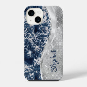 Coque Pour iPhone 14 Marbre bleu marine Parties scintillant argent Mono