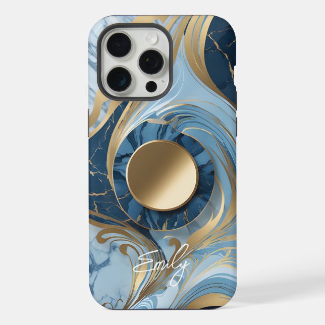 Coque iPhone Marbre bleu or moderne (Verso)