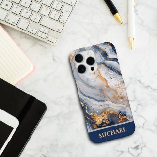 Coque iPhone 16 Pro Max Marbre Bleu Personnalisé Avec Accents Dorés