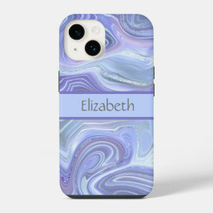 Coque Pour iPhone 14 Marbre bleu violet argenté pailleté Agate