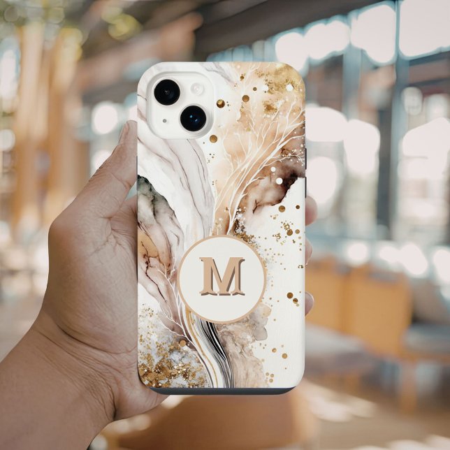 Coque iPhone Marbre Brun Or Élégant Design Abstrait Monogramme (Créateur téléchargé)