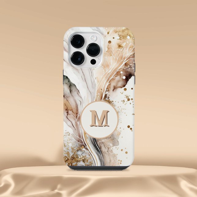 Coque iPhone Marbre Brun Or Élégant Monogramme Dessin Abstrait (Créateur téléchargé)