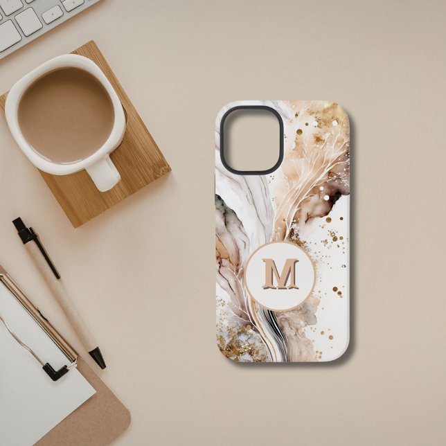 Coque iPhone Marbre Brun Or Monogram Luxe Design Abstrait (Créateur téléchargé)