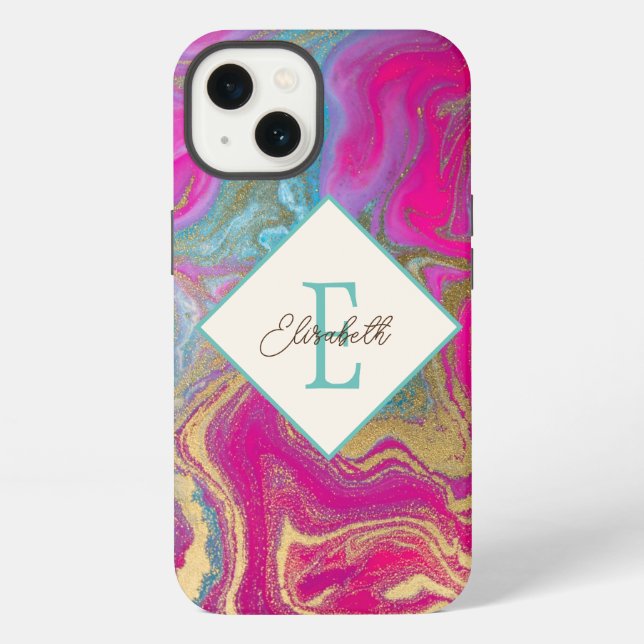 Coque iPhone Marbre coloré tendance, monogramme (Verso)