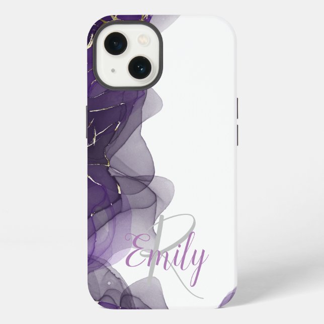Coque iPhone Marbre d'agate blanc violet Abstrait Nom Monogramm (Verso)