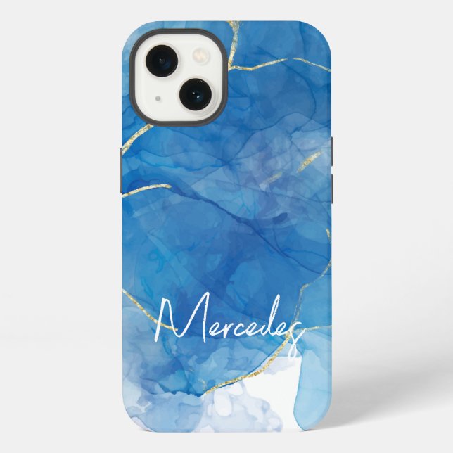 Coque iPhone Marbre d'agate bleu et blanc Abstrait Nom Monogram (Verso)