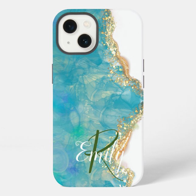 Coque iPhone Marbre d'agate sarcelle et blanc Monogramme de nom (Verso)