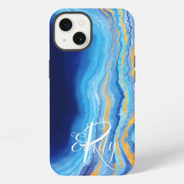 Coque iPhone  Marbre d'agate sarcelle et bleu Monogramme de nom (Verso)