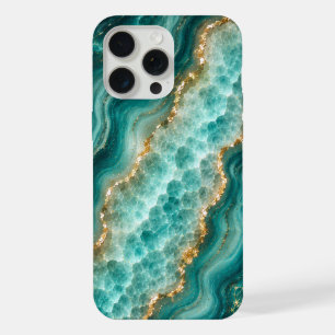 Coque iPhone 15 Pro Max Marbre de luxe en agate turquoise avec veines d'or
