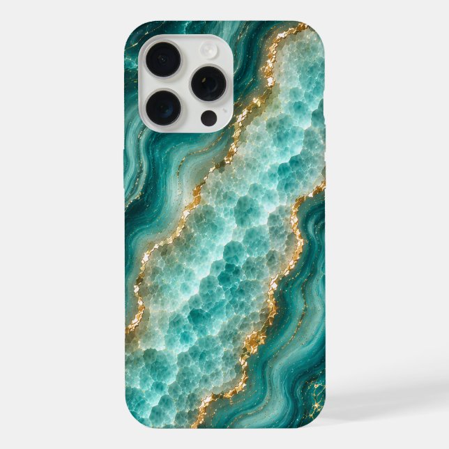 Coque iPhone Marbre de luxe en agate turquoise avec veines d'or (Verso)