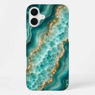 Coque iPhone 16 Plus Marbre de luxe en agate turquoise avec veines d'or