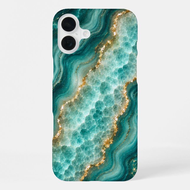 Coque iPhone Marbre de luxe en agate turquoise avec veines d'or (Verso)