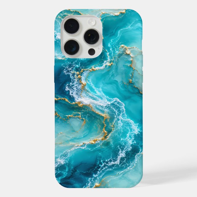 Coque iPhone Marbre d'Océan Turquoise Luxe avec Vagues de Feuil (Verso)