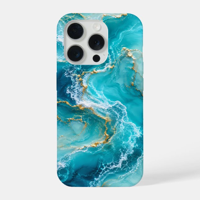 Coque iPhone Marbre d'Océan Turquoise Luxueux avec Vagues de Fe (Verso)