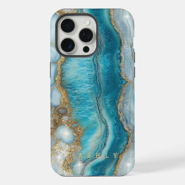 Coque iPhone Marbre d'or turquoise moderne (Verso)