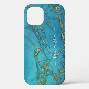 Coque iPhone 12 Marbre d'or Turquoise Pierre Nom manuscrit