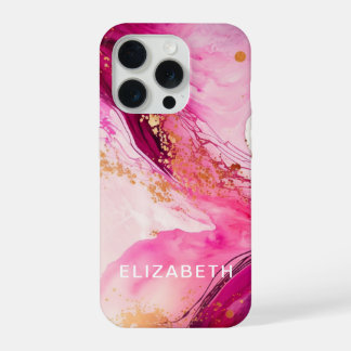 Coque iPhone 15 Pro marbre doré rose paillettes nom personnalisé