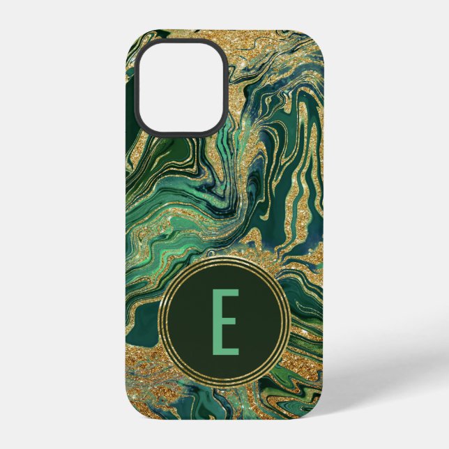 Coque iPhone Marbre Doré Vert Paillettes Monogramme (Verso)