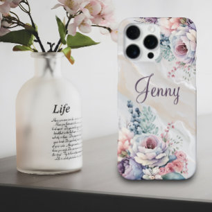 Coque iPhone 16 Pro Max Marbre Floral Personnalisé Aquarelle Nom Personnal