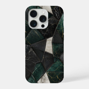 Coque iPhone 15 Pro Marbre Géométrique de Luxe Émeraude et Noir Charbo