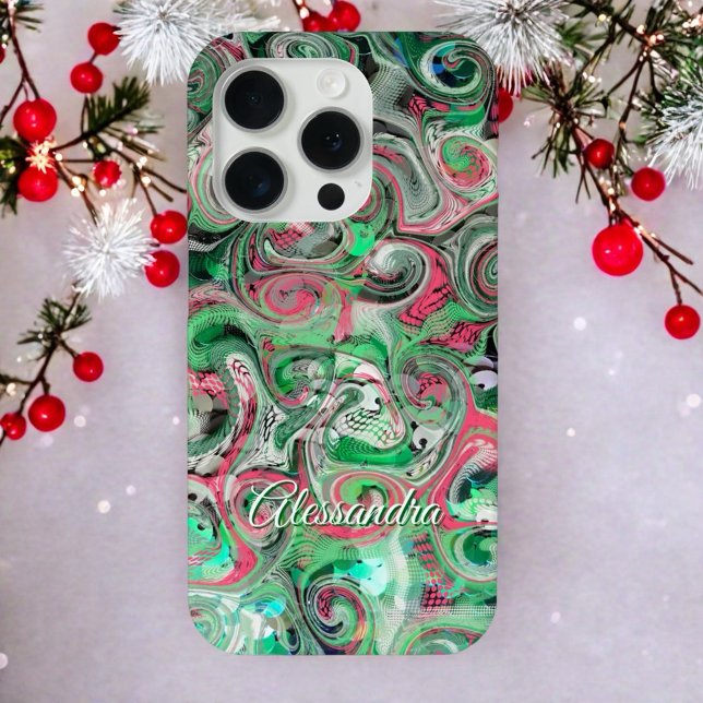 Coque iPhone Marbre joli nom de script festif vert rouge blanc  (Créateur téléchargé)