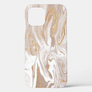 Coque iPhone 12 Marbre liquide beige, art de la ligne dorée.