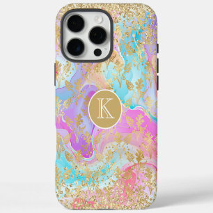 Coque iPhone 16 Pro Max Marbre Liquide Coloré Monogramme Floral Or