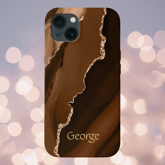 Coque iPhone Marbre Marbré Fausse Agate Marron avec Nom (Créateur téléchargé)