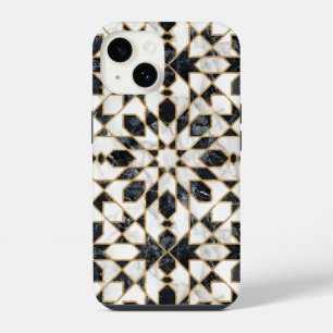 Coque Pour iPhone 14 Marbre Marocain Mosaïque Noir et Blanc Faux Or