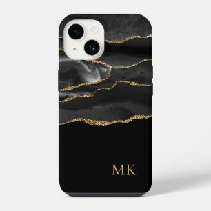 Coque Pour iPhone 14 Marbre Moderne Or et Noir Agate Monogramme